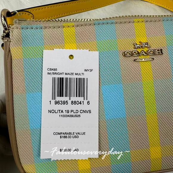Coach Nolita 19 With Plaid Print Shoulder Bag Wristlet in Bright Maize CBK65 NWT - Picture 5 of 9